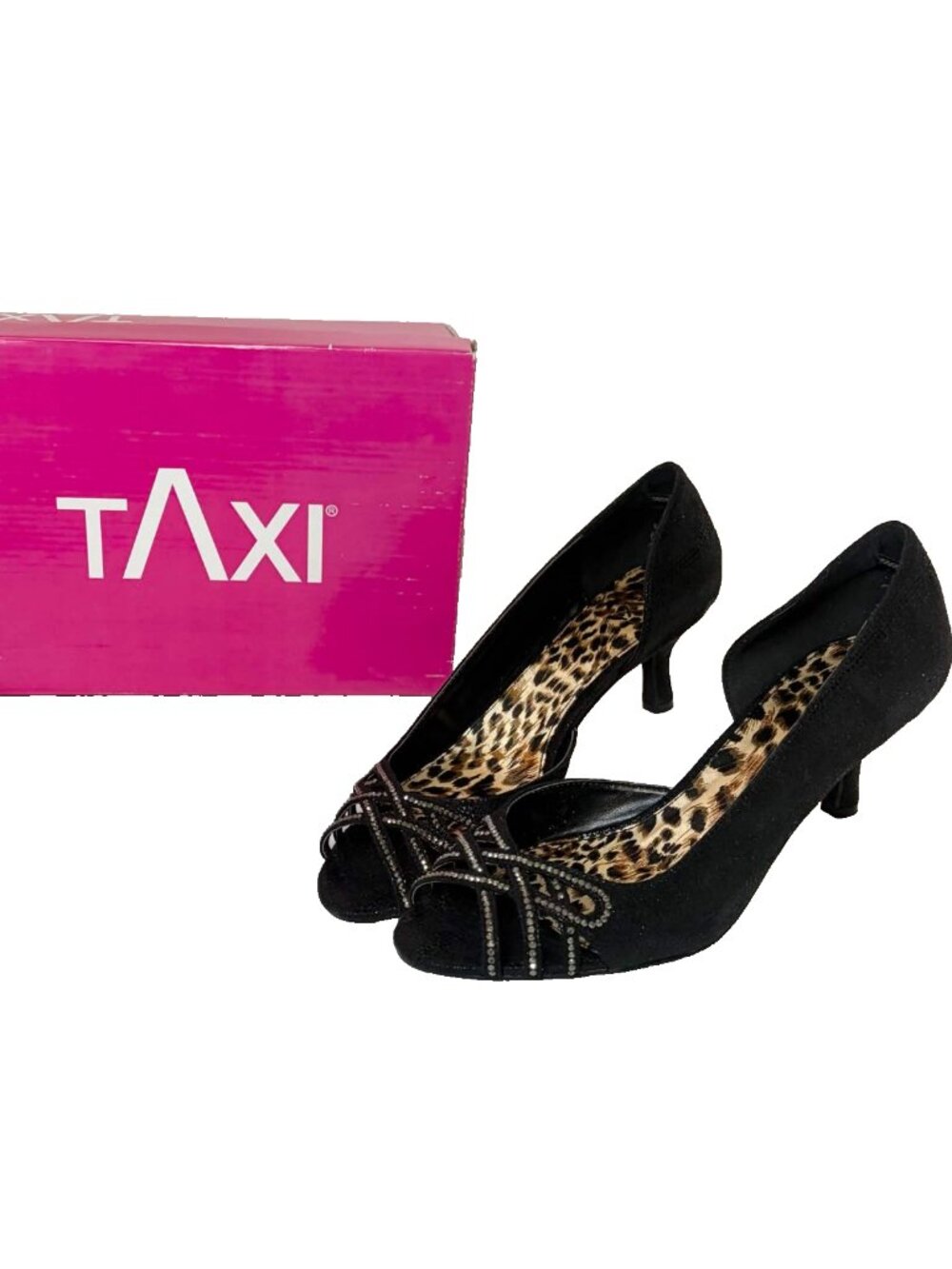 TAXI Black Peep Toe Heels Size 10 Rhinestone Leopard Print Insole Kitten Heel